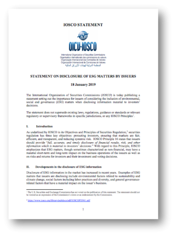 IOSCO creates Sustainable Finance Network, releases statement on ESG disclosure